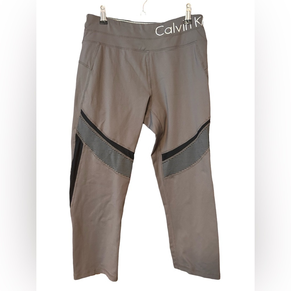Calvin Klein Performance Wick Olive Green Crop Leggings with Black Mesh Details